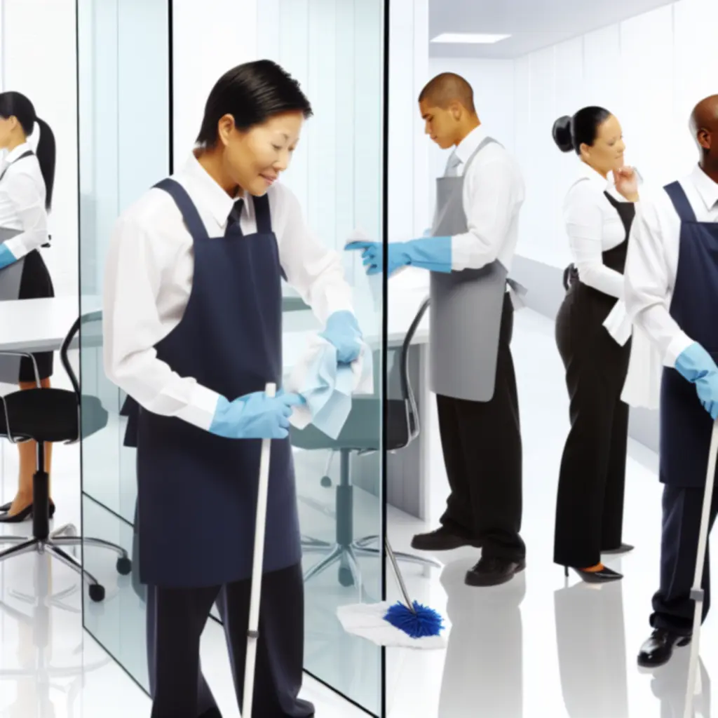 Ervaren schoonmaakteam van Was Service Pro aan het werk op een zakelijke locatie