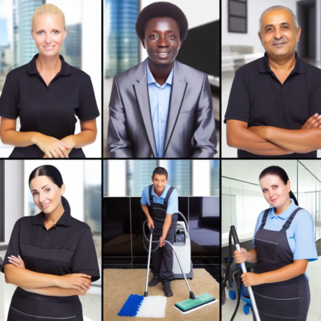 Schoonmaakteam van Was Service Pro aan het werk in een moderne kantooromgeving