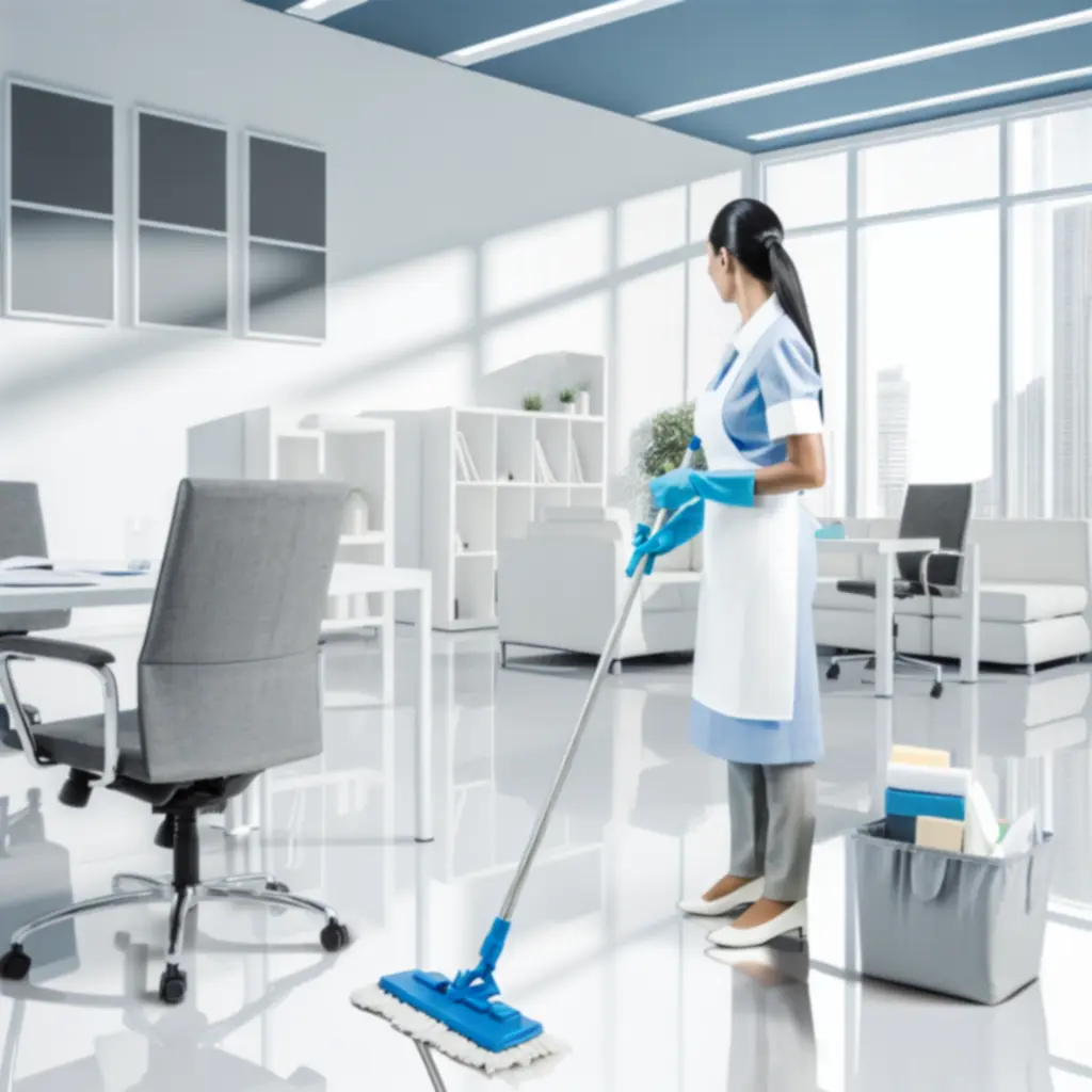 Professionele schoonmaker aan het werk in kantooromgeving