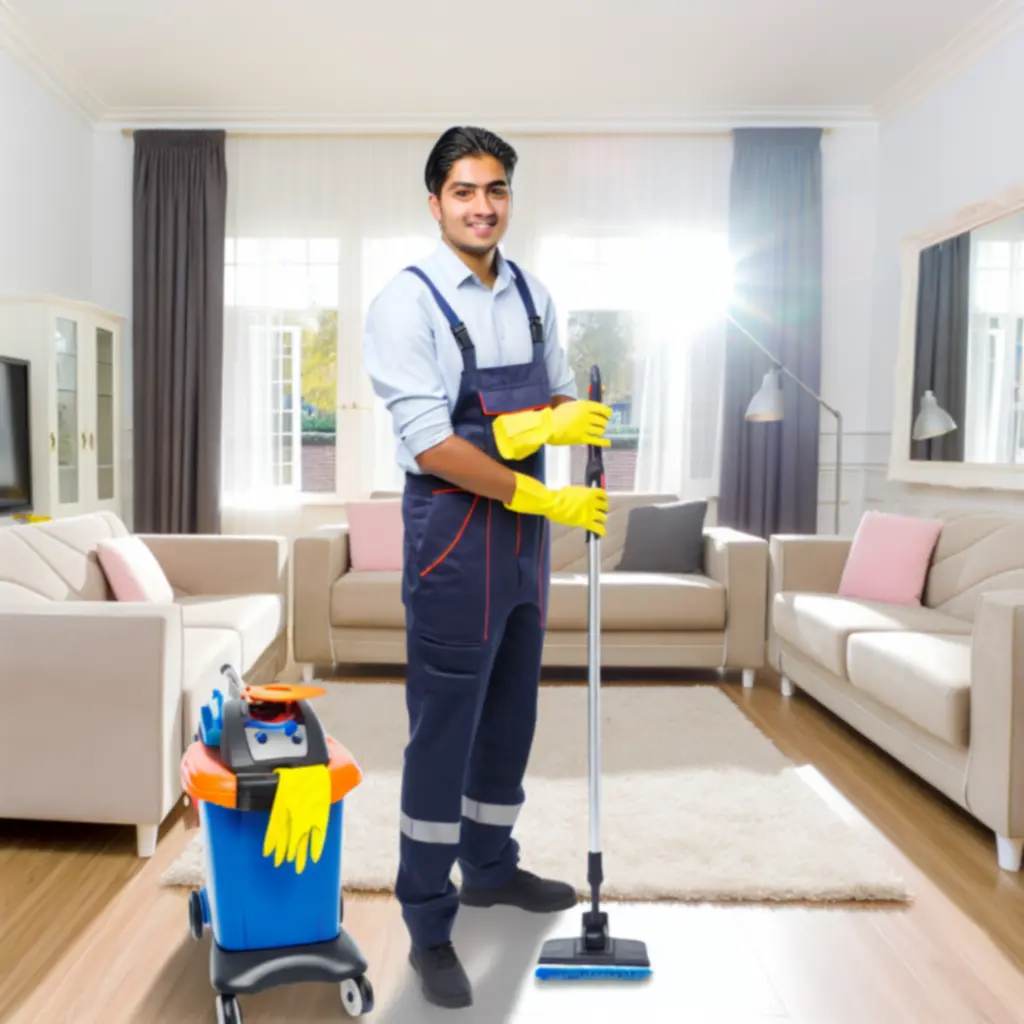 Professionele schoonmaker die een lichte woonkamer zorgvuldig reinigt